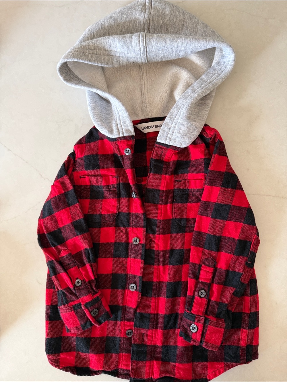 Lands' End Red and Black Buffalo Plaid Hooded Shirt  with Gray Hood